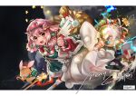  1girl :d absurdres animal_ears arknights bangs black_footwear blue_bow bow bracelet braid brown_eyes candy candy_cane cat_ears cat_girl cat_tail electricity fake_facial_hair fake_mustache food gift goldenglow_(arknights) goldenglow_(night_loving_servant)_(arknights) green_bow hair_bow hair_ornament hair_rings hairband hat highres holly infection_monitor_(arknights) instrument jewelry letterboxed long_skirt long_sleeves looking_at_viewer merry_christmas official_alternate_costume pink_hair pom_pom_(clothes) red_bow red_hairband sack sanktkaisersavia santa_hat short_hair skirt smile solo star_(symbol) stuffed_animal stuffed_bunny stuffed_toy tail tail_bow tail_ornament teeth upper_teeth_only white_skirt white_wings wings wreath x_hair_ornament 