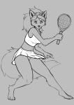  2022 action_pose anthro barefoot biped bottomwear canid canine claws clothed clothing digital_media_(artwork) eyebrows feet female foxovh full-length_portrait fur genitals greyscale hair hi_res hindpaw holding_tennis_racket looking_at_viewer mammal monochrome navel no_underwear paws pleated_skirt ponytail portrait pose pussy sketch skirt solo standing tail tennis_racket toe_claws topwear upskirt 