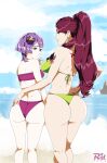  2girls alternate_costume artist_name ass bare_shoulders bernadetta_von_varley bikini braid breasts brown_eyes closed_mouth cloud commentary_request day earrings expressionless feet_out_of_frame fire_emblem fire_emblem:_three_houses from_behind green_bikini grey_eyes hair_ornament highres jewelry light_smile lipstick long_hair looking_at_viewer makeup medium_breasts multiple_girls ocean outdoors petra_macneary ponytail purple_bikini purple_hair r3dfive short_hair small_breasts standing summer swimsuit 