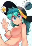  1girl \||/ aqua_eyes aqua_hair arm_support bangs breasts carte character_name chromatic_aberration completely_nude from_below gradient_background green_eyes green_hair hair_between_eyes hand_up hat highres komeiji_koishi large_areolae large_breasts long_hair mole mole_on_breast nipples nude simple_background smile solo spoken_emoji third_eye touhou waving white_background 