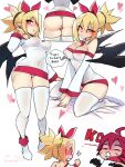 1boy 1girl adell_(disgaea) ahoge anger_vein ass black_gloves blonde_hair blood blush breasts clenched_hand commentary_request covered_nipples disgaea dress gloves hairband heart highres large_breasts makai_senki_disgaea_2 microdress nosebleed off-shoulder_dress off_shoulder panties pink_panties puffphox pussy_juice red_eyes red_hair red_hairband rozalin seiza sidelocks sitting skindentation thighhighs thighs twitter_username underwear white_panties 