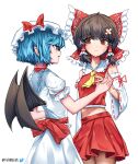 2girls ascot back_bow bandaid bandaid_on_head bangs bat_wings black_hair blue_hair bow brown_eyes brown_hair bruise closed_mouth commentary cowboy_shot crossed_bandaids detached_sleeves frilled_bow frilled_hair_tubes frills hair_bow hair_tubes hakurei_reimu hat hat_bow highres holding_hands injury looking_at_another medium_hair midriff mob_cap multiple_girls navel pointy_ears raised_eyebrows red_bow red_eyes red_skirt red_vest remilia_scarlet ribbon-trimmed_sleeves ribbon_trim shirt short_hair short_sleeves sideways_glance simple_background skirt sweatdrop torn_clothes touhou twitter_username vest vrabius white_background white_headwear white_shirt white_skirt white_sleeves wings yellow_ascot 