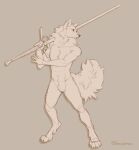  2022 anthro artist_name canid canine canis featureless_crotch femurslemurs fur holding_object holding_sword holding_weapon male mammal melee_weapon nude solo standing sword weapon wolf zweihander 