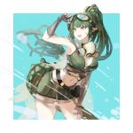  arknights arm_up armpits bare_shoulders bikini bikini_top_only black_gloves blue_background border breasts brown_eyes cleavage crocodilian_tail dreadlocks elbow_gloves fingerless_gloves gas_mask gavial_(arknights) gavial_the_invincible_(arknights) gloves goggles goggles_on_head green_bikini green_hair green_skirt highres large_breasts leaning_forward long_hair looking_away looking_to_the_side mask miniskirt navel outside_border pei_(despay_illustration) pointy_ears simple_background skirt swimsuit tail v-shaped_eyebrows very_long_hair white_border 