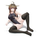  1girl absurdres ahoge bangs bed_sheet black_one-piece_swimsuit black_thighhighs blush breasts brown_hair clothes_pull collarbone competition_swimsuit condom condom_wrapper double_bun full_body hair_bun headgear highleg highleg_swimsuit highres kantai_collection knee_up kongou_(kancolle) kongou_kai_ni_(kancolle) large_breasts long_hair looking_at_viewer lying mouth_hold one-piece_swimsuit one-piece_swimsuit_pull pulled_by_self purple_eyes smile solo spread_legs swimsuit takaman_(gaffe) thighhighs v 