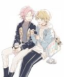  2boys animal_keychain bag bangs blonde_hair buttons choker closed_eyes commentary cup ensemble_stars! green_eyes high_collar holding holding_cup hood hood_down hoodie invisible_chair jacket long_sleeves male_focus multiple_boys open_clothes open_jacket open_mouth oukawa_kohaku pink_hair seuga shiratori_aira_(ensemble_stars!) short_hair sitting sweater turtleneck turtleneck_sweater white_background 
