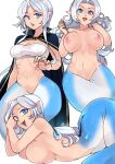  2girls bandeau black_cape blue_eyes breasts cape commentary commission english_commentary grey_hair hand_in_own_hair highres large_breasts lips lying medium_breasts mermaid monster_girl multiple_girls navel nipples nude on_stomach original pointy_ears puffphox signature slit_pupils 