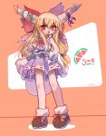  1girl bangs blonde_hair blush bow brown_eyes brown_footwear ceroblitz character_name food fruit full_body gourd hair_bow highres horn_bow horn_ornament horns ibuki_suika long_hair looking_at_viewer oni oni_horns purple_skirt skirt solo thighhighs touhou watermelon white_thighhighs 