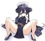  1girl bangs bare_shoulders black_dress black_hair blue_archive blush breasts butterfly_hair_ornament china_dress chinese_clothes double_bun dragon_print dress grey_eyes hair_bun hair_ornament halo highres kisaki_(blue_archive) long_hair looking_at_viewer norisukexxy pelvic_curtain small_breasts solo spread_legs striped_coat white_background 