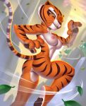  2023 4_fingers anthro areola breasts butt claws digital_media_(artwork) dreamworks felid female finger_claws fingers genitals hi_res kung_fu_panda leaf looking_at_viewer mammal master_tigress mountain nipples nude pak009 pantherine pawpads pussy solo stripes tiger waterfall whiskers wind yellow_sclera 