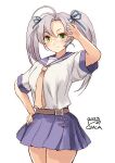  1girl alternate_hairstyle antenna_hair artist_name bespectacled breasts cowboy_shot dated glasses green_eyes grey_hair hair_tie highres kantai_collection kinugasa_(kancolle) kinugasa_kai_ni_(kancolle) looking_at_viewer medium_breasts necktie owa_(ishtail) purple_sailor_collar purple_skirt sailor_collar shirt short_sleeves simple_background skirt solo white_background white_shirt yellow_necktie 