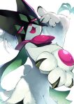  1other :d absurdres claws commentary_request fang furry green_fur hand_up highres looking_at_viewer meowscarada noname_(rftd8828) open_mouth pink_eyes pokemon pokemon_(creature) simple_background skin_fang smile solo tongue white_background 