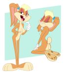  2023 anthro areola blonde_hair breasts butt female fur hair hi_res impstripe kneeling lagomorph leporid lola_bunny looney_tunes mammal nipples nude open_mouth open_smile pawpads paws rabbit simple_background smile solo standing tan_body tan_fur warner_brothers 