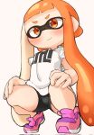  1girl bike_shorts black_shorts commentary_request domino_mask highres inkling inkling_girl long_hair mask mugenhouyou orange_eyes orange_hair pink_footwear pointy_ears shirt shoes short_shorts short_sleeves shorts smile solo splatoon_(series) spread_legs squatting tentacle_hair thighs white_shirt 