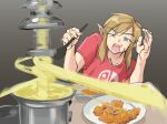  1boy :o bangs blonde_hair cheese fondue_au_fromage food gradient_background hands_up holding holding_spoon link male_focus meme monbetsu_kuniharu nintendo_switch open_mouth plate red_shirt shirt short_sleeves solo spoon sweat tagme teeth the_legend_of_zelda the_legend_of_zelda:_breath_of_the_wild 