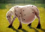 ambiguous_gender belly big_belly blonde_mane blue_eyes equid equine facial_spots feral full-length_portrait grass horse huge_belly mammal mane mouth_closed outside plant portrait roobin shadow side_view signature solo spots spotted_body spotted_face white_body 