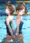  1girl 2girls absurdres ass back-to-back blue_one-piece_swimsuit brown_eyes brown_hair competition_school_swimsuit futami_ami futami_mami grin highres idolmaster idolmaster_(classic) idolmaster_2 lane_line long_hair multiple_girls one-piece_swimsuit partially_submerged pool school_swimsuit shiroyu short_hair siblings side_ponytail smile solo standing swimsuit twins water 