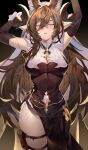  1girl absurdres arms_up breasts brown_dress brown_hair closed_eyes detached_sleeves dress galleon_(granblue_fantasy) gradient_background granblue_fantasy highres horns ktr_(tpun2553) large_breasts long_hair pointy_ears thigh_pouch 