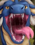  absurd_res ambiguous_gender artist_name blue_body blurred_background bodily_fluids dragon drooling fangs feral front_view glistening glistening_eyes hi_res looking_at_viewer mouth_shot open_mouth pupils roobin saliva saliva_on_tongue saliva_string scales scalie slit_pupils solo teeth yellow_body yellow_eyes yellow_scales 