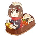  1girl bento black_sailor_collar black_serafuku black_socks brown_eyes brown_hair chibi enpera food food_on_head fringe_trim hair_ornament hairclip highres kagerou_project long_scarf long_sleeves mekakucity_actors minigirl neckerchief nori_(seaweed) object_on_head on_food onigiri open_mouth otorigg red_scarf sailor_collar sausage scarf school_uniform seaweed serafuku shrimp simple_background smile socks solo tateyama_ayano tofu twitter_username white_background white_neckerchief 