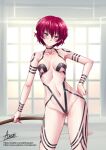  1girl adsouto akatsuki_no_yona bow_(weapon) breasts collarbone contrapposto hand_on_hip highres holding holding_bow_(weapon) holding_weapon indoors looking_at_viewer medium_breasts purple_eyes red_hair revealing_clothes short_hair signature smile solo tape weapon yona_(akatsuki_no_yona) 