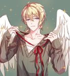  1boy angel angel_wings blonde_hair brown_sweater feathered_wings green_background long_sleeves male_focus merry_christmas micaela_(yume-100) parted_lips purple_eyes red_ribbon ribbon sd_pink smile solo sweater wings yume_oukoku_to_nemureru_100-nin_no_ouji-sama 