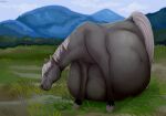  ambiguous_gender belly big_belly equid equine eyes_closed feral full-length_portrait grass grey_body grey_hooves hooves horse huge_belly mammal mane mountain mouth_closed outside plant portrait roobin shrub signature sky solo tail white_mane white_tail 