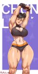  1girl aestheticc-meme artist_name breasts brown_hair buruma chun-li cleavage commentary double_bun english_commentary facing_viewer fingerless_gloves gloves hair_bun highres large_breasts looking_at_viewer muscular muscular_female solo sports_bra steaming_body street_fighter stretching sweat thighhighs toned 