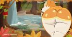  absurd_res apple applin autumn autumn_deerling butt deerling eating female feral food fruit generation_5_pokemon generation_8_pokemon hi_res jaylus_t_meowstic looking_back nervous nintendo plant pokemon pokemon_(species) presenting presenting_hindquarters river signature solo wallpaper waterfall 