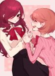  2girls brown_hair closed_eyes emi_star gekkoukan_high_school_uniform hair_over_one_eye highres kirijou_mitsuru long_hair multiple_girls open_mouth persona persona_3 red_eyes red_hair ribbon school_uniform short_hair simple_background smile takeba_yukari teeth upper_teeth_only 