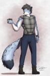  2023 anthro armor black_hair blokfort blue_body blue_fur clothing felid feline fur hair hi_res machine male mammal military pantherine plantigrade robot snow_leopard solo standing uniform 