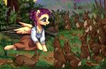  2019 alternate_hairstyle ambiguous_gender blue_eyes bottomwear clothed clothed_feral clothing day detailed_background equid equine feathered_wings feathers female feral fluttershy_(mlp) forest friendship_is_magic fur grass group hair hair_bun hasbro hi_res inspired_by_formal_art lagomorph leporid looking_at_another mammal multicolored_body multicolored_fur my_little_pony nancy-05 open_mouth outside pegasus plant purple_hair rabbit shirt signature sitting skirt standing stick topwear tree two_tone_body two_tone_fur wings yellow_body 