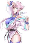  arm_up blue_eyes dougi highres hime_cut hip_vent kumacco manon_(street_fighter) martial_arts_belt medal pink_hair spandex street_fighter street_fighter_6 wristband 