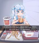  1girl blue_eyes blue_hair blush burger cup eating english_text food french_fries gawr_gura highres hololive hololive_english ketchup long_hair mcdonald&#039;s moral_cacoethes multicolored_hair official_alternate_costume saliva saliva_trail side_ponytail tray two-tone_hair virtual_youtuber 