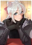  1boy a_(user_vtsy8742) androgynous arm_guards armor bangs blue_eyes blue_hair bow cheek_rest closed_mouth fire_emblem fire_emblem_engage gloves hair_between_eyes hair_bow hair_horns highres indoors long_hair looking_at_viewer male_focus multicolored_hair pink_bow pink_hair rosado_(fire_emblem) signature smile solo twitter_username upper_body white_hair 