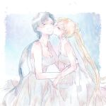  2girls bare_shoulders bishoujo_senshi_sailor_moon black_hair blonde_hair closed_eyes closed_mouth double_bun dress faux_traditional_media hair_bun happy highres itsunko_(itsunky) kiss kissing_cheek long_hair low_twintails multiple_girls seiya_kou strapless strapless_dress tsukino_usagi twintails very_long_hair white_dress yuri 