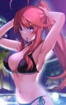  1girl absurdres ahoge armpits bangs bikini black_bikini blue_bikini blue_eyes breasts cleavage collarbone floating_hair go-toubun_no_hanayome hair_between_eyes hair_ornament high_ponytail highres large_breasts long_hair mismatched_bikini mouth_hold nakano_itsuki navel night outdoors red_hair side-tie_bikini_bottom sideboob sky slope_(check238) solo standing star_(sky) star_(symbol) star_hair_ornament starry_sky swimsuit twitter_username tying_hair very_long_hair watermark 