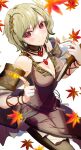  1girl absurdres autumn_leaves bangs bare_shoulders blonde_hair book breasts citrinne_(fire_emblem) cleavage cover detached_sleeves fire_emblem fire_emblem_engage hair_ornament highres jewelry looking_at_viewer medium_breasts mu_tu_bu red_eyes short_hair simple_background smile solo swept_bangs upper_body wavy_hair wing_hair_ornament 