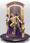  1boy absurdres armor bracelet cape crossed_legs duel_monster eldlich_the_golden_lord full_armor glowing glowing_eyes gold_armor head_on_hand helmet highres jewelry kikken looking_at_viewer purple_cape ring shoulder_spikes sitting spikes throne yu-gi-oh! 