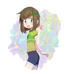  1girl :d alice_sawyer_(artist) blue_eyes blue_shorts brown_hair freckles green_shirt indie_virtual_youtuber lily_hopkins looking_at_viewer open_mouth shirt short_sleeves shorts smile solo v virtual_youtuber 