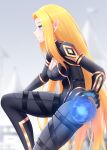  1girl absurdres alpha_(kage_no_jitsuryokusha_ni_naritakute!) artist_name black_bodysuit blonde_hair blue_eyes blurry blurry_background bodysuit breasts cleavage commentary covered_navel cowboy_shot elf energy_ball eyebrows_hidden_by_hair gold_trim grey_background highres kage_no_jitsuryokusha_ni_naritakute! large_breasts long_hair pointy_ears profile sidelocks solo takata thigh_strap very_long_hair 