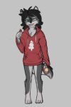  2023 anthro barefoot black_hair blue_eyes bottomless canid canine clothed clothing eyebrows feet fur green_eyes grey_body grey_fur grey_tail hair heterochromia hoodie hoodie_only mammal open_mouth seff solo teeth tongue topwear topwear_only young 