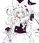  1girl apron bangs bow braid commentary gloves hat hat_bow highres holding kirisame_marisa long_hair long_sleeves looking_at_viewer monochrome mozukuzu_(manukedori) open_mouth outdoors shovel side_braid single_braid smile snowman solo symbol-only_commentary teeth touhou upper_teeth_only waist_apron witch_hat 