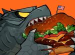  2018 angry angry_eyes big_food bite black_eyes bread burger cheese claws close-up dairy_products detailed eating eating_food feral flag food fruit gills godzilla godzilla_(2014) godzilla_(series) grease grey_body grey_nose grey_scales grey_skin gums holding_burger holding_food holding_object kaiju koroguchi lettuce looking_down male meat monster nude open_mouth orange_background plant portrait pupils raised_arm raised_arms reptile scales scalie sesame_seeds shadow sharp_claws sharp_teeth signature simple_background small_pupils solo spikes spikes_(anatomy) star stars_and_stripes stripes teeth toho tomato toony united_states_of_america vegetable yellow_sclera 