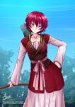  1girl adsouto akatsuki_no_yona animal_ears arrow_(projectile) bow_(weapon) breasts collarbone contrapposto earrings fake_animal_ears hand_on_hip highres holding holding_bow_(weapon) holding_weapon jewelry looking_at_viewer medium_breasts playboy_bunny purple_eyes quiver rabbit_ears red_hair sash short_hair signature smile solo weapon yona_(akatsuki_no_yona) 