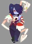  1girl bacun bare_shoulders blue_hair blue_skin colored_skin detached_sleeves dress english_commentary highres leviathan_(skullgirls) looking_at_viewer object_through_head red_eyes side_ponytail simple_background skeletal_arm skull skullgirls sleeves_past_wrists smile squigly_(skullgirls) stitched_mouth stitches striped_sleeves zombie 