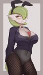  2021 breasts cleavage clothed clothing fake_ears fake_rabbit_ears female fishnet fishnet_legwear gardevoir generation_3_pokemon hi_res humanoid laabje legwear looking_at_viewer nintendo not_furry pokemon pokemon_(species) red_eyes smile solo white_body white_skin 