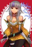  1girl alternate_costume animal_ears bangs bare_shoulders belt black_belt black_pantyhose breasts cleavage commission cosplay crossover detached_sleeves dress english_text expressionless fire_emblem fire_emblem_fates gloves grey_hair highres long_hair looking_at_viewer medium_breasts mixed-language_commentary multicolored_hair nia_(xenoblade) nia_(xenoblade)_(cosplay) pantyhose purple_hair r123 r_skeb red_eyes ribbed_dress skeb_commission solo streaked_hair velouria_(fire_emblem) white_gloves wolf_ears wolf_girl xenoblade_chronicles_(series) xenoblade_chronicles_2 yellow_dress yellow_sleeves 