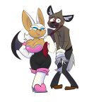  aggressive_retsuko anthro armwear bat boots breasts cleavage clothed clothing crossover duo elbow_gloves female footwear fur gloves haida half-closed_eyes handwear hyena male male/female mammal narrowed_eyes naughty_face necktie rouge_the_bat rusheloc sanrio sega simple_background sonic_the_hedgehog_(series) spotted_hyena tan_body tan_skin white_background wings 