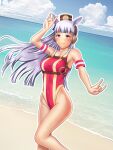  1girl adapted_costume animal_ears bangs beach blue_sky blunt_bangs breasts cloud competition_swimsuit cowboy_shot day double_fox_shadow_puppet ehou_mangan fox_shadow_puppet gold_ship_(umamusume) grey_hair highleg highleg_swimsuit highres horizon horse_ears horse_girl horse_tail long_hair medium_breasts ocean one-piece_swimsuit outdoors pillbox_hat purple_eyes red_one-piece_swimsuit sky solo swimsuit tail umamusume 